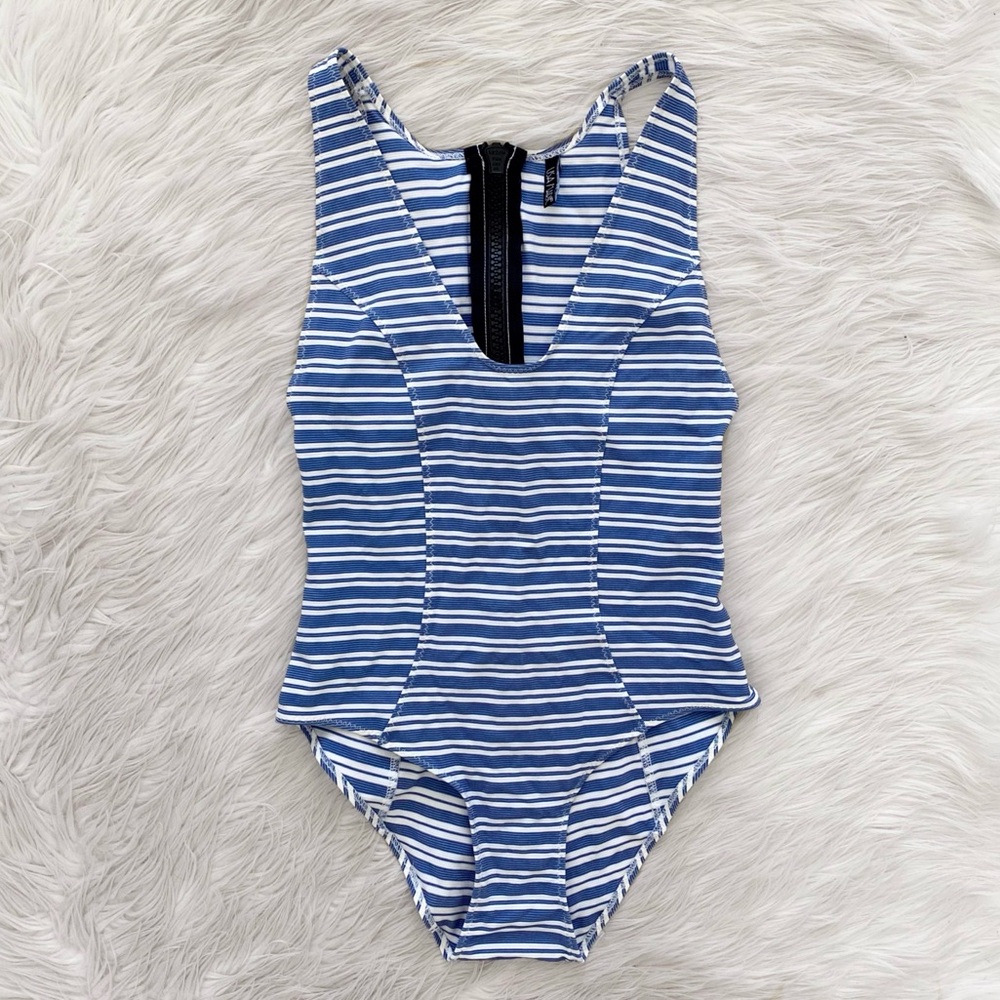 Lisa Marie Fernandez Blue White Stripe V-Neck Black Zip Back One Piece Swimsuit